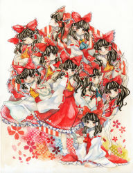 Rule 34 | 1girl, :d, bare shoulders, black hair, brown eyes, detached sleeves, female focus, hair ribbon, hair tubes, hakurei reimu, hand to own mouth, highres, holding, japanese clothes, miko, multiple persona, one eye closed, open mouth, painting (medium), ribbon, simple background, smile, touhou, traditional media, tugumi0w0, watercolor (medium), white background, wink