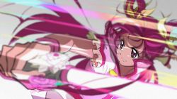 Rule 34 | 1girl, bow, commentary, cure dream, cure erebos, dress, fingerless gloves, foreshortening, gloves, grey background, hair bow, looking away, magical girl, pink eyes, pink hair, precure, serious, simple background, single glove, solo, speed lines, upper body, wand, yes! precure 5, yes! precure 5 gogo!, yumehara nozomi