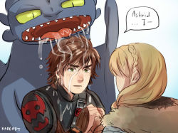 Rule 34 | 1boy, 1girl, astrid hofferson, blonde hair, blush, braid, couple, dragon, drooling, eyebrows, green eyes, hair over shoulder, holding hands, hetero, hiccup horrendous haddock iii, how to train your dragon, how to train your dragon 2, kadeart, long hair, saliva, single braid, thick eyebrows, toothless