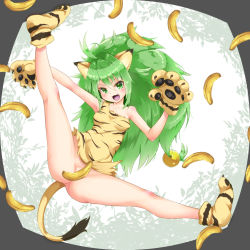Rule 34 | 1girl, :3, :d, animal ears, animal hands, animal print, banana, bare shoulders, big hair, breasts, cham cham, collarbone, convenient censoring, fang, food, fruit, gloves, green eyes, green hair, hair between eyes, long hair, looking at viewer, no panties, open mouth, paw gloves, paw shoes, rabittofaa, samurai spirits, shoes, single strap, small breasts, smile, snk, solo, tail, tiger ears, tiger print, tiger tail