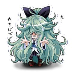 Rule 34 | 1girl, absurdly long hair, ahoge, alternate hair length, alternate hairstyle, black thighhighs, blush, chibi, choker, commentary, creatures (company), cthulhu, cthulhu mythos, detached sleeves, game freak, gen 4 pokemon, green hair, hair ornament, hair over eyes, hair ribbon, hairclip, kantai collection, long hair, looking at viewer, nintendo, parody, pleated skirt, pokemon, pokemon (creature), ribbon, school uniform, serafuku, simple background, skirt, solo, sweatdrop, tangrowth, thighhighs, tk8d32, trait connection, translated, trembling, very long hair, white background, yamakaze (kancolle), zettai ryouiki