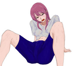Rule 34 | 1girl, blue shorts, breasts, brown eyes, collarbone, covered erect nipples, exhausted, hands on floor, kaleido star, knees up, looking down, midriff, naegino sora, navel, open mouth, out type (outtypeex), red hair, shirt, shorts, sidelocks, simple background, sitting, small breasts, spread legs, sweat, t-shirt, white background