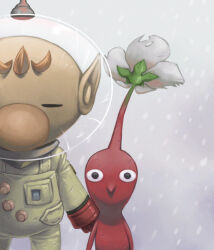 Rule 34 | 1boy, big nose, black eyes, brown hair, buttons, closed eyes, cloud, cloudy sky, colored skin, commentary request, crack, flower, gloves, height difference, helmet, looking at viewer, naru (wish field), nintendo, no mouth, olimar, patch, pikmin (creature), pikmin (series), pointy ears, pointy nose, radio antenna, red gloves, red pikmin, red skin, short hair, sky, snowing, space helmet, spacesuit, very short hair, white flower