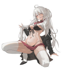Rule 34 | 1girl, :q, absurdres, ahoge, bikini, bikini under clothes, black bikini, black footwear, black jacket, black ribbon, blush, breasts, cleavage, closed mouth, crop top, front-tie bikini top, front-tie top, full body, grey hair, high heels, highres, holding, holding own hair, jacket, large breasts, long hair, long sleeves, looking at viewer, miniskirt, navel, on one knee, open clothes, open jacket, original, purple eyes, red skirt, ribbon, shirt, simple background, skirt, smile, solo, stomach, sweat, swimsuit, thighhighs, tongue, tongue out, twintails, very long hair, weapon, white background, white shirt, white thighhighs, zutsuyaku