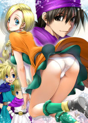 Rule 34 | 2boys, 2girls, ass, belt, bianca (dq5), blonde hair, blue eyes, blush, boots, border, bow, bracelet, braid, breasts, brother and sister, brown eyes, brown hair, butt crack, cape, clothes lift, colored eyelashes, dragon quest, dragon quest v, dress, dress lift, earrings, father and daughter, father and son, gloves, hair bow, hands on own hips, hero&#039;s daughter (dq5), hero&#039;s son (dq5), hero (dq5), highres, husband and wife, jewelry, long hair, looking at viewer, medium breasts, mitarashi kousei, mother and daughter, mother and son, multiple boys, multiple girls, open mouth, panties, pantyshot, projected inset, siblings, signature, single braid, smile, turban, underwear, white panties, wristband