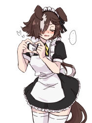 Rule 34 | ..., 1girl, alternate costume, animal ears, apron, black dress, blush, brown hair, closed eyes, collared dress, commentary request, dress, ears down, enmaided, frilled dress, frills, grey hair, hair over one eye, hands up, heart, heart hands, hide oo, highres, horse ears, horse girl, horse tail, low ponytail, maid, maid apron, maid headdress, multicolored hair, neck ribbon, nose blush, parted lips, ponytail, puffy short sleeves, puffy sleeves, ribbon, short sleeves, simple background, solo, spoken ellipsis, sweat, tail, thighhighs, two-tone hair, umamusume, vodka (umamusume), white apron, white background, white thighhighs, yellow ribbon