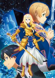 Rule 34 | 1girl, 2boys, alice zuberg, armor, armored boots, armored dress, black eyes, black hair, black jacket, blonde hair, blue cape, blue dress, blue eyes, blue jacket, blue rose sword, boots, breastplate, cape, cleaned, closed mouth, collared jacket, dress, eugeo, faulds, floating hair, frown, full body, gauntlets, gold armor, green eyes, grin, highres, holding, holding sword, holding weapon, jacket, kirito, long dress, long hair, long sleeves, looking at viewer, multiple boys, official art, osmanthus blade, pauldrons, profile, school uniform, short hair, shoulder armor, smile, sword, sword art online, sword art online: alicization, sword mastery academy school uniform, very long hair, weapon, wing collar, yellow footwear
