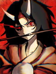 Rule 34 | 1other, androgynous, angry, black hair, black sclera, brown kimono, chromatic aberration, colored sclera, commentary request, headband, hemo (hemoroda), horns, japanese clothes, kimono, len&#039;en, long hair, mismatched sclera, red background, red eyes, red headband, solo, taira no chouki, white horns