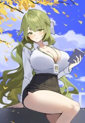 Rule 34 | 1girl, absurdres, black skirt, book, bow, breasts, cleavage, closed mouth, collared shirt, day, green eyes, green hair, highres, holding, holding book, id card, lanyard, large breasts, leaf, long hair, looking at viewer, mole, mole on breast, mole under mouth, original, outdoors, pencil skirt, shirt, sitting, skirt, sky, solo, timy, tree, very long hair, white bow, white shirt