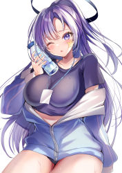 Rule 34 | 1girl, absurdres, black shirt, blue archive, blue jacket, blush, bottle, bottle to cheek, breasts, gym uniform, halo, heart, highres, holding, holding bottle, id card, jacket, lanyard, large breasts, long sleeves, looking at viewer, nenobi (nenorium), official alternate costume, one eye closed, open mouth, partially unzipped, purple eyes, purple hair, shirt, short sleeves, solo, star (symbol), sticker on face, sweat, thighs, track jacket, water bottle, white background, yuuka (blue archive), yuuka (track) (blue archive)