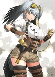 Rule 34 | 1girl, alternate costume, bird tail, black hair, black thighhighs, boots, brown gloves, center frills, closed mouth, commentary request, corset, cowboy shot, dated, fingerless gloves, frills, gloves, green eyes, grey background, grey hair, gun, hair between eyes, handgun, happa (cloverppd), head wings, kemono friends, multicolored hair, shoebill (kemono friends), short sleeves, shorts, signature, solo, steampunk, tail, thigh boots, thighhighs, thighhighs under boots, weapon, wings