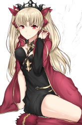 Rule 34 | 1girl, absurdres, arm support, asymmetrical sleeves, azarashi (azrsot), black dress, black sleeves, blonde hair, bow, breasts, cape, choker, cleavage, diadem, dress, earrings, ereshkigal (fate), fate/grand order, fate (series), floating hair, hair bow, highres, jewelry, long hair, long sleeves, looking at viewer, medium breasts, red bow, red cape, red eyes, shiny skin, short dress, single sleeve, sitting, smile, solo, twintails, two side up, uneven sleeves, very long hair, white background