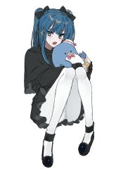 Rule 34 | 1girl, aqua eyes, black bow, black dress, black footwear, blue hair, bow, budo (budoboros), commentary request, dress, eyes visible through hair, fang, full body, hair bow, highres, hugging object, long hair, long sleeves, looking at viewer, open mouth, original, pantyhose, pink bow, sanrio, simple background, sitting, sleeves past wrists, solo, stuffed animal, stuffed penguin, stuffed toy, tuxedo sam, twintails, upskirt, white background, white pantyhose