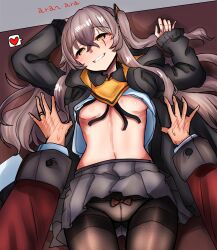 Rule 34 | 1girl, absurdres, blush, bow, bow panties, breasts, brown eyes, brown hair, commentary, crossed bangs, english commentary, girls&#039; frontline, griffin &amp; kryuger military uniform, hair between eyes, hand blush, highres, looking at viewer, lying, medium breasts, navel, on back, one side up, open clothes, panties, panties under pantyhose, pantyhose, peroronti, pov, scar, scar across eye, shirt, skirt, sleeves past wrists, smile, solo focus, thighband pantyhose, ump45 (girls&#039; frontline), underboob, underwear