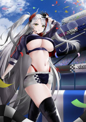 Rule 34 | 1girl, absurdres, azur lane, belt, black footwear, black gloves, blue sky, boots, breasts, checkered flag, clothing cutout, confetti, cropped shirt, earpiece, flag, gloves, half gloves, headgear, highres, holding, holding flag, huge breasts, jacket, knee boots, long hair, looking at viewer, multicolored hair, navel, official alternate costume, panties, panty straps, prinz eugen (azur lane), prinz eugen (final lap) (azur lane), purple jacket, race queen, racetrack, red hair, red panties, silver hair, sky, streaked hair, two-tone hair, two-tone skirt, underboob, underboob cutout, underwear, very long hair, walking, wendy (5877), white belt, yellow eyes