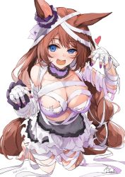 Rule 34 | 1girl, animal ears, arm wrap, bandages, blue eyes, breasts, brown hair, cleavage, collar, commentary, detached collar, ear ornament, halloween costume, highres, hirai yuzuki, horse ears, horse girl, horse tail, large breasts, long hair, looking at viewer, mummy costume, nail polish, official alternate costume, open mouth, purple collar, purple nails, seiza, simple background, sitting, solo, super creek (chiffon ribbon mummy) (umamusume), super creek (umamusume), symbol-only commentary, tail, umamusume, white background