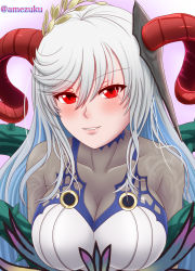 Rule 34 | 1girl, amezuku, black shirt, blush, breasts, cleavage, collarbone, commentary request, covered collarbone, dress, fire emblem, fire emblem heroes, freyja (fire emblem), highres, horns, large breasts, light smile, looking at viewer, nintendo, plant, red eyes, red horns, shirt, silver hair, solo, thorns, twitter username, upper body, vines, white dress