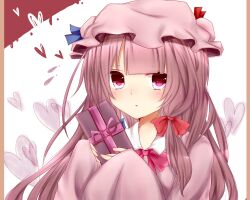 Rule 34 | 1girl, blue bow, blue ribbon, bow, bowtie, box, collared dress, commentary request, dress, frilled headwear, gift, gift box, hair bow, hat, hat ribbon, heart, highres, holding, holding gift, light blush, long hair, long sleeves, looking at viewer, misa (kaeruhitode), mob cap, patchouli knowledge, pillarboxed, pink dress, pink eyes, pink hair, pink hat, red bow, red ribbon, ribbon, solo, touhou, upper body, valentine, very long hair, white background