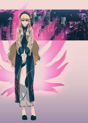 Rule 34 | 1girl, :|, alternate costume, aura, black dress, black footwear, black headwear, blonde hair, buttons, casual, chinese clothes, closed mouth, commentary, contemporary, dress, full body, hair between eyes, highres, irohasu (sasagarasu), jacket, junko (touhou), long hair, long sleeves, looking at viewer, open clothes, open jacket, own hands together, phoenix crown, red eyes, shoes, skirt, solo, standing, touhou, v arms, very long hair, white jacket, white skirt