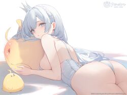 Rule 34 | 1girl, argus (azur lane), ass, azur lane, bare arms, bare back, bare shoulders, blush, braid, breasts, commentary request, copyright name, cross-laced clothes, crown, crown braid, grey eyes, hair behind ear, highres, leotard, long hair, looking at viewer, lying, manjuu (azur lane), median furrow, medium breasts, mini crown, nekojira, official art, on stomach, parted lips, sideboob, sidelocks, solo, thighs, white background, white hair, white headwear, white leotard