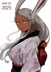 1girl 2025 absurdres animal_ears artist_name boku_no_hero_academia breasts cherry_blossom_print commentary dark-skinned_female dark_skin dated english_commentary floral_print happy_new_year highres japanese_clothes kimono large_breasts long_eyelashes long_hair looking_at_viewer mirko new_year obi parted_bangs print_kimono rabbit_ears rabbit_girl red_eyes sash shibbunny smile solo upper_body white_hair white_kimono