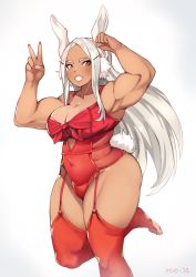 Rule 34 | 1girl, animal ear fluff, animal ears, armpits, barefoot, belly, biceps, boku no hero academia, bow, breasts, cleavage, clenched hand, covered navel, dark-skinned female, dark skin, fingernails, forehead, grin, keigi, large breasts, leotard, lingerie, lips, long eyelashes, long hair, mirko, muscular, muscular female, nail polish, parted bangs, rabbit ears, rabbit girl, rabbit tail, red bow, red eyes, red garter straps, red leotard, red nails, running, silver hair, smile, solo, stirrup legwear, tail, thick thighs, thighs, toeless legwear, toenail polish, toenails, underwear, underwear only, v
