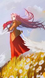 Rule 34 | 1girl, alternate costume, bouquet, closed mouth, cloud, darling in the franxx, floating hair, flower, green eyes, grey sky, hairband, highres, holding, holding bouquet, hood, hood down, hooded jacket, horns, jacket, long hair, long skirt, long sleeves, looking at viewer, orange jacket, outdoors, pink hair, pink hairband, red flower, red skirt, skirt, sky, smile, solo, standing, very long hair, white flower, wind, wind lift, yaomei xingchen, zero two (darling in the franxx)