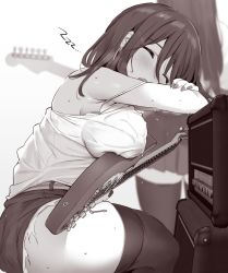 Rule 34 | 2girls, amplifier, bad id, bad twitter id, blurry, blurry background, breast rest, breasts, cutoffs, denim, denim shorts, depth of field, electric guitar, guitar, instrument, lactation, lactation through clothes, large breasts, long hair, monochrome, multiple girls, noripachi, original, shorts, sleeping, solo focus, strap slip, symbol-only commentary, tank top, thighhighs, zzz