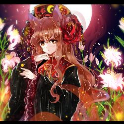 Rule 34 | 1girl, animal ears, bad id, bad pixiv id, blonde hair, cha xian, expressionless, fingernails, flower, fox ears, full moon, glowing, glowing flower, hair flower, hair ornament, hand on own chin, hat, junko (touhou), letterboxed, light particles, lily (flower), long hair, long sleeves, looking at viewer, moon, nail polish, night, outdoors, red nails, robe, solo, spider lily, tabard, touhou, yellow eyes