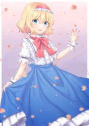 Rule 34 | 1girl, alice margatroid, blonde hair, blue eyes, blue skirt, blurry, blurry foreground, bob cut, depth of field, dress shirt, frilled cuffs, frilled hairband, frilled shirt, frills, hairband, high collar, irino, long skirt, looking at viewer, neck ribbon, open mouth, petals, red hairband, red ribbon, ribbon, shirt, skirt, skirt hold, smile, solo, standing, touhou, white shirt