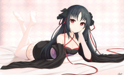 Rule 34 | 1girl, absurdres, bare shoulders, black dress, black sleeves, breasts, cleavage, collarbone, commentary request, detached sleeves, dress, hair ribbon, halterneck, highres, long hair, long sleeves, looking at viewer, lying, machine-doll wa kizutsukanai, medium breasts, no shoes, on stomach, red ribbon, ribbon, sato art, sleeveless, sleeveless dress, solo, thighhighs, white thighhighs, wide sleeves