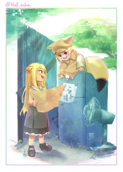 Rule 34 | 2girls, absurdres, aged down, animal ears, blonde hair, brown eyes, brown headwear, brown jacket, child, commentary request, dress, electric fan, fox ears, highres, hololive, jacket, kintsuba (shiranui flare), map, multiple girls, null suke, omaru polka, omaru polka (street casual), open mouth, pointing, pointy ears, purple eyes, refrigerator, sailor dress, sandals, shiranui flare, shiranui flare (street), sitting, smile, star-shaped pupils, star (symbol), symbol-shaped pupils, tree, twitter username, virtual youtuber