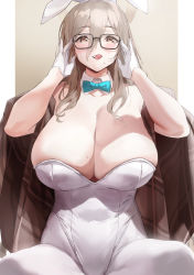 Rule 34 | 1girl, akane (blue archive), akane (bunny) (blue archive), animal ears, bare shoulders, blonde hair, blue archive, blue eyes, blush, breasts, cleavage, commentary request, detached collar, fake animal ears, glasses, gloves, halo, highleg, highleg leotard, huge breasts, ikuchan kaoru, leotard, long hair, looking at viewer, pantyhose, playboy bunny, rabbit ears, revision, shawl, smile, solo, strapless, strapless leotard, tongue, tongue out, white gloves, white leotard, white pantyhose