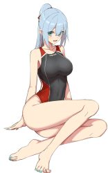 Rule 34 | 1girl, aqua eyes, aqua hair, barefoot, black one-piece swimsuit, blue nails, breasts, clothes writing, collarbone, competition swimsuit, elfenlied22, full body, highres, large breasts, long hair, looking at viewer, nail polish, one-piece swimsuit, original, ponytail, simple background, sitting, smile, solo, swimsuit, toenail polish, toenails, white background, yokozuwari