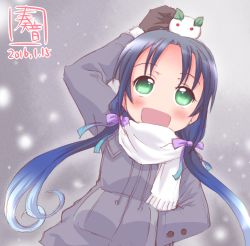 Rule 34 | 10s, 1girl, :d, arm up, blue hair, blush, brown gloves, buttons, coat, commentary request, dated, gloves, green eyes, hair ornament, hair ribbon, hand in pocket, happy, highres, kanon (kurogane knights), kantai collection, long hair, looking up, low twintails, open mouth, red eyes, ribbon, scarf, smile, snow, snow rabbit, snowing, solo, suzukaze (kancolle), twintails, winter clothes, winter coat