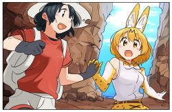 Rule 34 | 10s, 2girls, :d, :o, animal ears, backpack, bag, bare shoulders, black eyes, black gloves, black hair, blonde hair, blush, bowtie, canyon, cliff, cloud, day, elbow gloves, extra ears, gloves, hat, highres, holding hands, interlocked fingers, kaban (kemono friends), kasa list, kemono friends, looking at another, multiple girls, open mouth, outdoors, print bow, print bowtie, print gloves, print neckwear, red shirt, serval (kemono friends), serval print, shirt, short hair, short sleeves, sky, sleeveless, smile, white shirt, yellow eyes