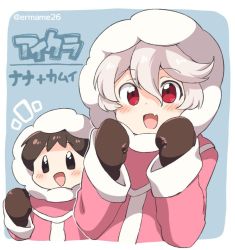 Rule 34 | 2girls, blue background, brown hair, coat, corrin (female) (fire emblem), corrin (fire emblem), cosplay, eromame, fire emblem, fire emblem fates, hood, hood up, ice climber, long sleeves, mittens, multiple girls, nana (ice climber), nana (ice climber) (cosplay), nintendo, open mouth, red eyes, simple background, super smash bros., twitter username, upper body, white hair