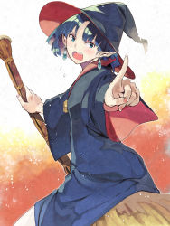 Rule 34 | 1girl, blue eyes, blue hair, blush, broom, coat, earrings, eyeshadow, furukawa itsuse, hat, highres, irene (zelda), jewelry, makeup, matching hair/eyes, nail polish, nintendo, open mouth, pantyhose, pointing, pointy ears, short hair, solo, the legend of zelda, the legend of zelda: a link between worlds, tsundere, wide sleeves, witch hat