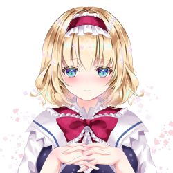 Rule 34 | 1girl, alice margatroid, bad id, bad twitter id, blonde hair, blue eyes, blush, capelet, closed mouth, fingers together, hairband, lolita hairband, looking at viewer, nanase nao, own hands together, red hairband, red neckwear, short hair, simple background, solo, touhou, upper body, white background, white capelet