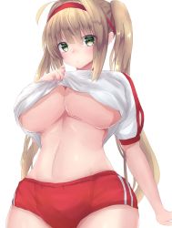 Rule 34 | ahoge, blonde hair, blush, breasts, cleavage, clothes lift, commentary request, cowboy shot, embarrassed, fate/grand order, fate (series), green eyes, gym uniform, headband, highres, large breasts, lifted by self, long hair, nero claudius (fate), nero claudius (fate) (all), nero claudius (fate/extra), nero claudius (olympian bloomers) (fate), official alternate costume, red headband, shirt, shirt lift, solo, twintails, underboob, white background, white shirt, yellow eyes, yuuki shuri