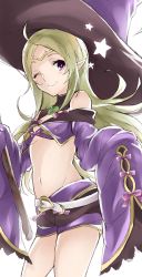 Rule 34 | 1girl, ahoge, aiueo1234853, bad id, bad twitter id, bare shoulders, belt, bow, brooch, buttons, circlet, closed mouth, fire emblem, fire emblem awakening, fire emblem heroes, green hair, halloween costume, hat, heart, highres, jewelry, long hair, long sleeves, midriff, navel, nintendo, nowi (fire emblem), one eye closed, pink bow, pointy ears, purple eyes, short shorts, shorts, simple background, sleeves past fingers, sleeves past wrists, smile, solo, standing, star (symbol), white background, white belt, wide sleeves, witch hat