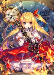 Rule 34 | 10s, 1girl, blonde hair, blue eyes, blue n, bow, clock, dress, fire, gem, hair bow, heterochromia, long hair, looking at viewer, mouth hold, official art, own hands together, red dress, red eyes, smile, solo, trickster (ntreev soft), watermark