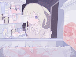 Rule 34 | 1girl, bandages, bow, crazy, drawing (object), eyepatch, hair ornament, hairclip, highres, looking inside, original, outo eguchi, pale skin, pastel colors, purple eyes, raw meat, refrigerator, ribbon, short ponytail, solo, white hair