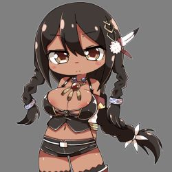 Rule 34 | 1girl, arms behind back, azur lane, bare shoulders, belt, black hair, black shirt, black shorts, black thighhighs, blush stickers, braid, breasts, brown eyes, cleavage, closed mouth, collarbone, cowboy shot, dark-skinned female, dark skin, detached sleeves, eyebrows, facing viewer, feather hair ornament, feathers, gem, grey background, hair between eyes, hair ornament, jewelry, large breasts, legs apart, long hair, looking at viewer, native american, necklace, odabuts, outline, pom pom (clothes), shiny skin, shirt, short shorts, shorts, simple background, single braid, smile, solo, south dakota (azur lane), standing, tank top, thighhighs, tsurime, twin braids, very long hair, white belt, white outline