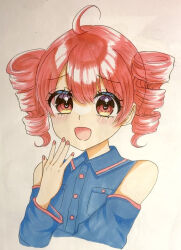 Rule 34 | 1girl, ahoge, ariariarin, blue shirt, blue sleeves, collared shirt, commentary request, detached sleeves, drill hair, hair between eyes, hand up, kasane teto, marker (medium), open mouth, pink trim, red eyes, red hair, red nails, shirt, simple background, smile, solo, traditional media, twin drills, utau, white background