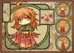 Rule 34 | 1girl, ahoge, akihiyo, asa no ha (pattern), blush stickers, branch, character sheet, chibi, fairy, from behind, japanese clothes, kimono, leaf, orange hair, original, personification, red eyes, solo, translation request