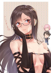 Rule 34 | 1boy, 2girls, absurdres, bare shoulders, black dress, black gloves, blush, breasts, brown hair, center opening, closed mouth, dress, earrings, elbow gloves, fate/grand order, fate (series), fujimaru ritsuka (male), fujimaru ritsuka (male) (polar chaldea uniform), glasses, gloves, highres, jewelry, kaer sasi dianxia, long hair, looking at viewer, mash kyrielight, medium breasts, multiple earrings, multiple girls, red eyes, revealing clothes, solo focus, strapless, strapless dress, very long hair, yu mei-ren (fate)