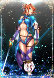 Rule 34 | 1girl, armor, asymmetrical clothes, belt, big.g, bikini armor, blue capelet, blue eyes, border, breasts, brooch, capelet, commentary request, dark background, earrings, falcom, glowing, glowing sword, glowing weapon, half updo, highres, jewelry, laxia (ys), looking to the side, midriff, orange hair, ornate clothing, rapier, sheath, shiny clothes, solo, sword, thighs, water, weapon, ys, ys viii lacrimosa of dana