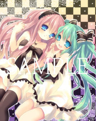 Rule 34 | 2girls, bad id, bad pixiv id, bare shoulders, bow, checkered background, dress, hair bow, hair ribbon, hatsune miku, jewelry, kosuzume, long hair, megurine luka, multiple girls, necklace, ribbon, sample watermark, strapless, strapless dress, thighhighs, very long hair, vocaloid, watermark