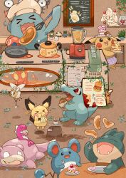 Rule 34 | &gt; &lt;, alcremie, bellsprout, blender (object), blue skin, chef hat, colored skin, commentary request, cooking pot, creatures (company), cup, dedenne, diglett, fangs, food, fork, game freak, gen 1 pokemon, gen 2 pokemon, gen 3 pokemon, gen 4 pokemon, gen 5 pokemon, gen 6 pokemon, gen 7 pokemon, gen 8 pokemon, glass, hat, highres, holding, holding fork, holding spatula, indoors, jumping, kitchen, marill, munchlax, nintendo, no humans, oddish, open mouth, pancake, petilil, pichu, pikachu, poke ball symbol, pokemon, pokemon (creature), psyduck, red eyes, ribombee, shroomish, sign, slowpoke, slugma, spatula, stove, table, tail, tatsugiri, tatsugiri (droopy), teacup, totodile, unown, unown f, wobbuffet, zozozoshion